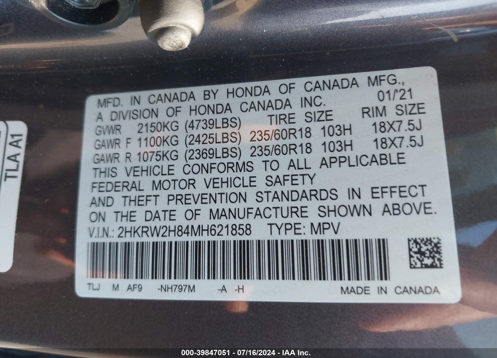 2021 HONDA CR-V AWD EX-L VIN: 2HKRW2H84MH621858