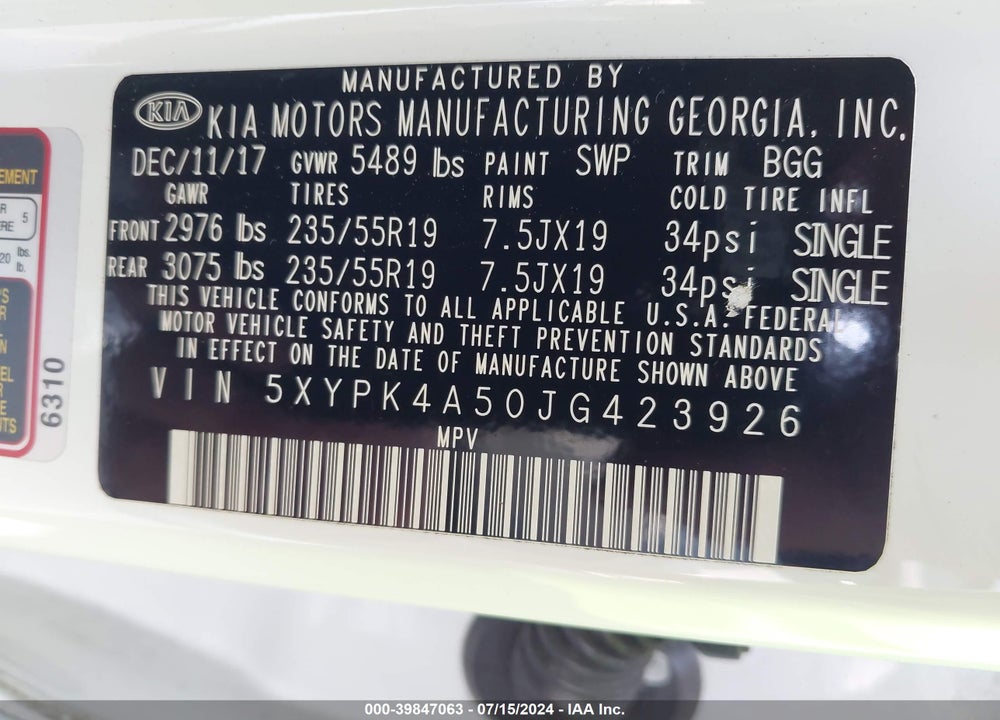 2018 KIA SORENTO 3.3L SX VIN: 5XYPK4A50JG423926