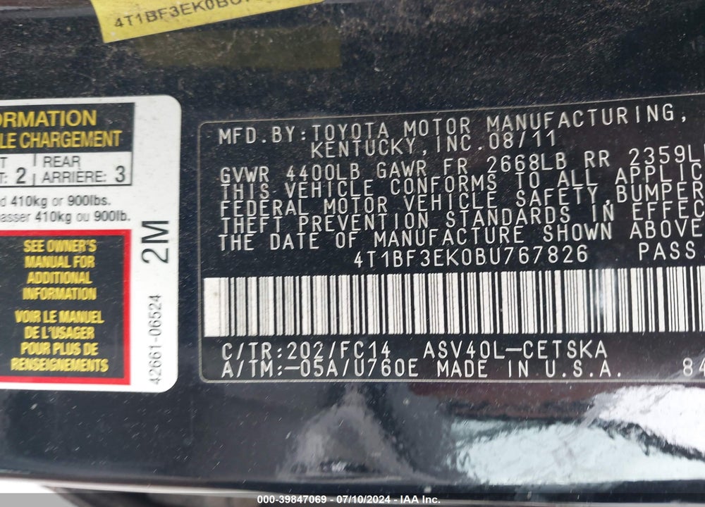 2011 TOYOTA CAMRY SE VIN: 4T1BF3EK0BU767826