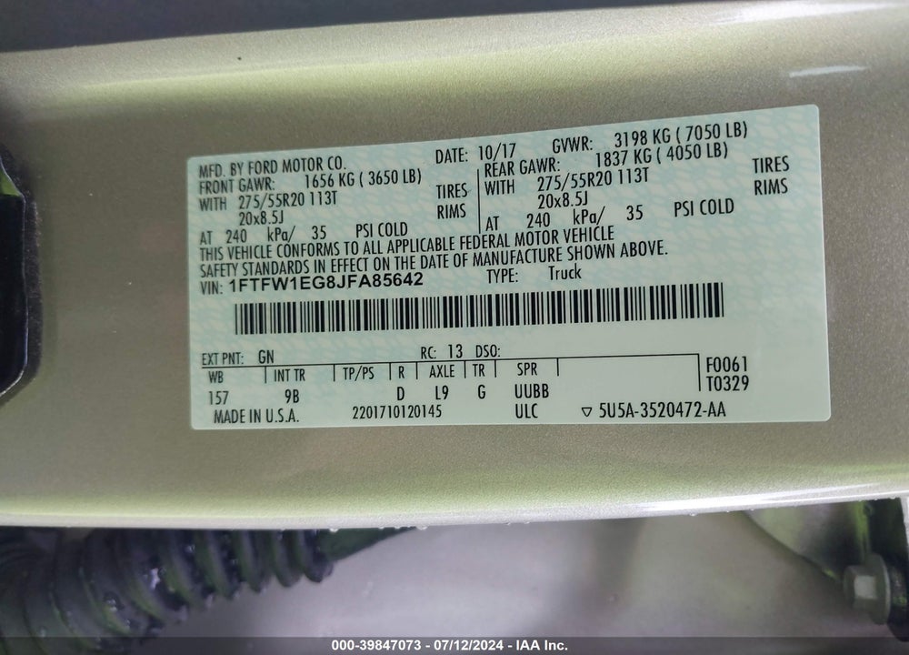 2018 FORD F-150 PLATINUM VIN: 1FTFW1EG8JFA85642