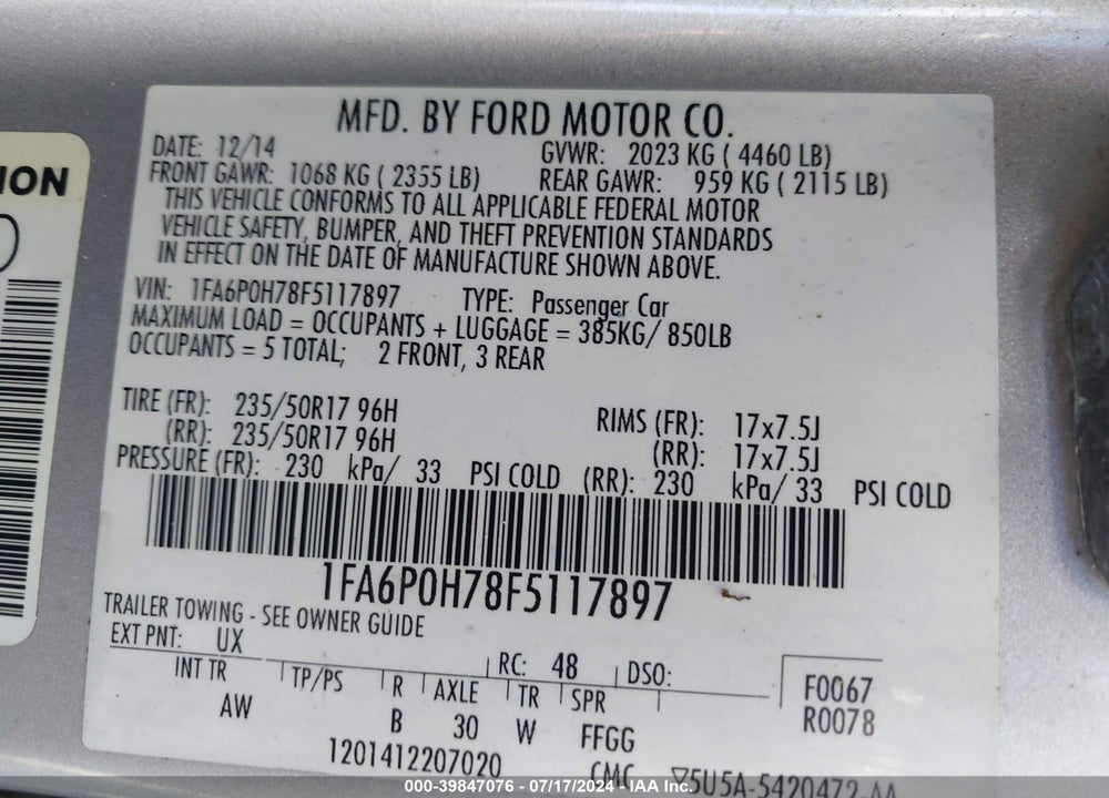 2015 FORD FUSION SE VIN: 1FA6P0H78F5117897
