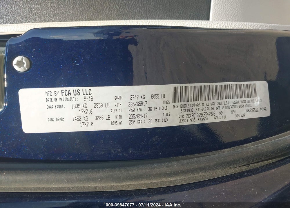 2019 CHRYSLER PACIFICA TOURING L VIN: 2C4RC1BG9KR547906