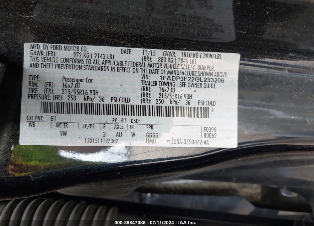 2016 FORD FOCUS SE VIN: 1FADP3F22GL233206