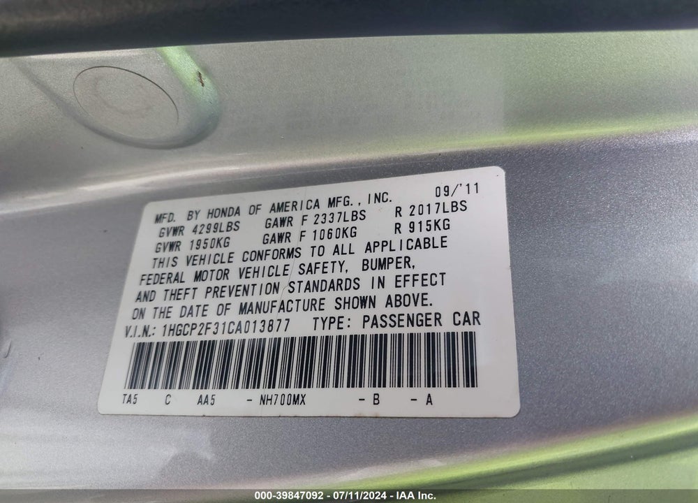 2012 HONDA ACCORD 2.4 LX VIN: 1HGCP2F31CA013877