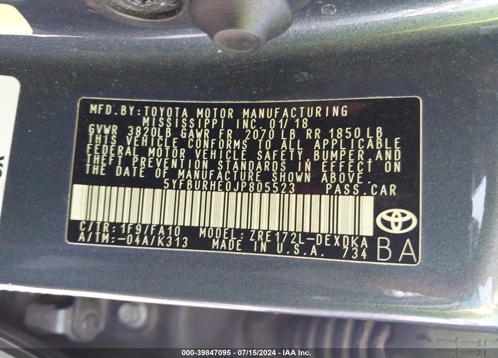 2018 TOYOTA COROLLA L VIN: 5YFBURHE0JP805523