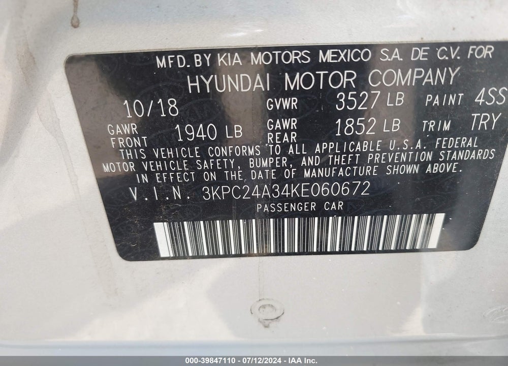 2019 HYUNDAI ACCENT SE VIN: 3KPC24A34KE060672