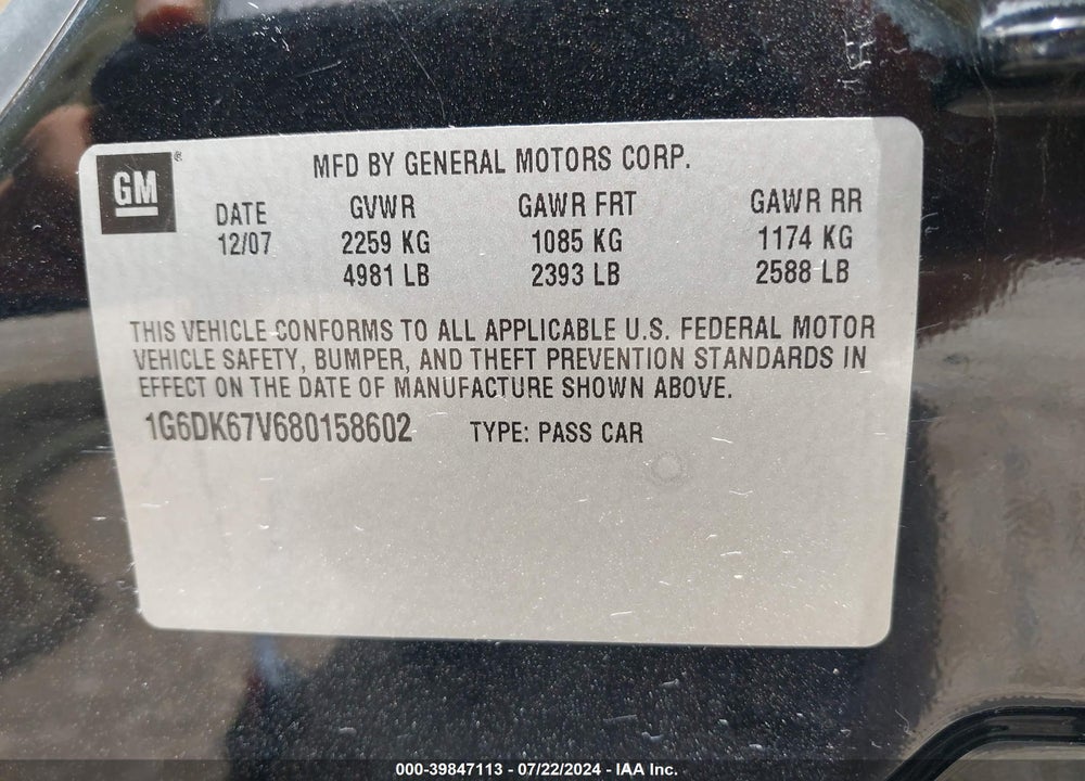 2008 CADILLAC STS V6 VIN: 1G6DK67V680158602