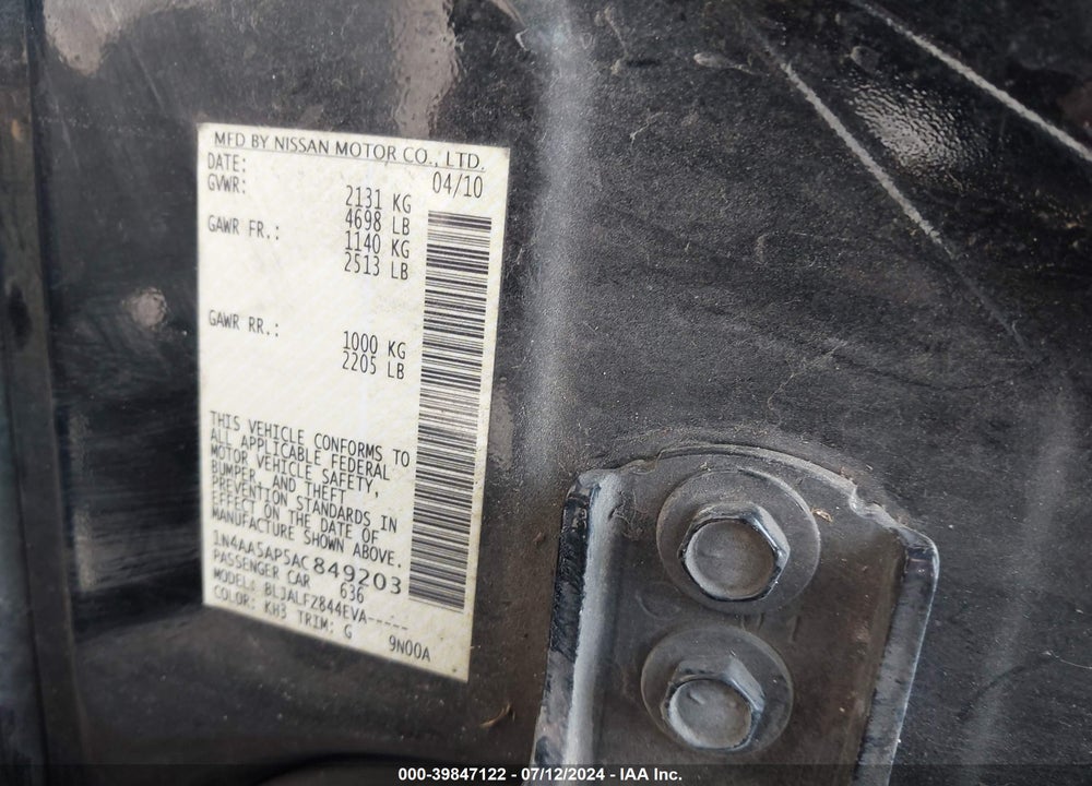 2010 NISSAN MAXIMA 3.5 SV VIN: 1N4AA5AP5AC849203