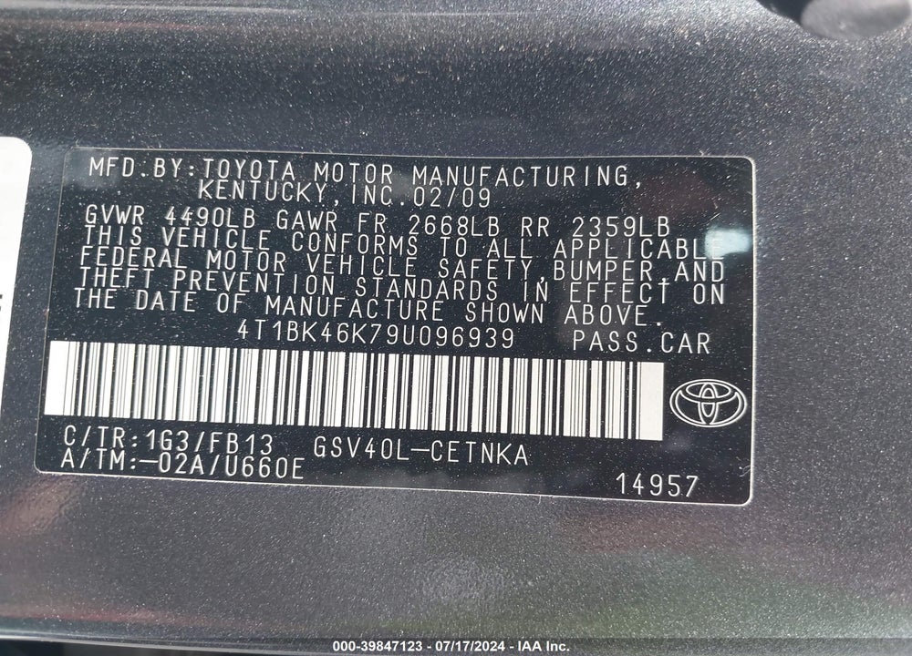 2009 TOYOTA CAMRY LE V6 VIN: 4T1BK46K79U096939