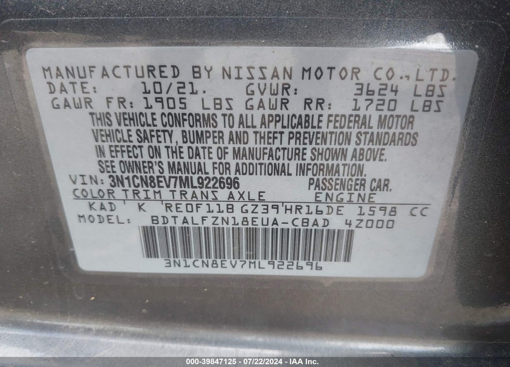 2021 NISSAN VERSA SV XTRONIC CVT VIN: 3N1CN8EV7ML922696