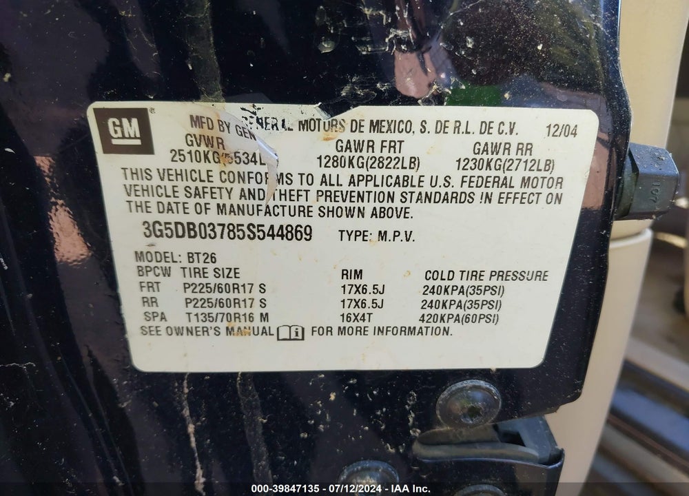 2005 BUICK RENDEZVOUS CX VIN: 3G5DB03785S544869