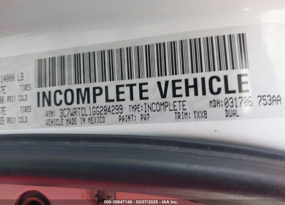 2016 RAM 3500 CHASSIS TRADESMAN/SLT/LAIE VIN: 3C7WRTCL1GG284299