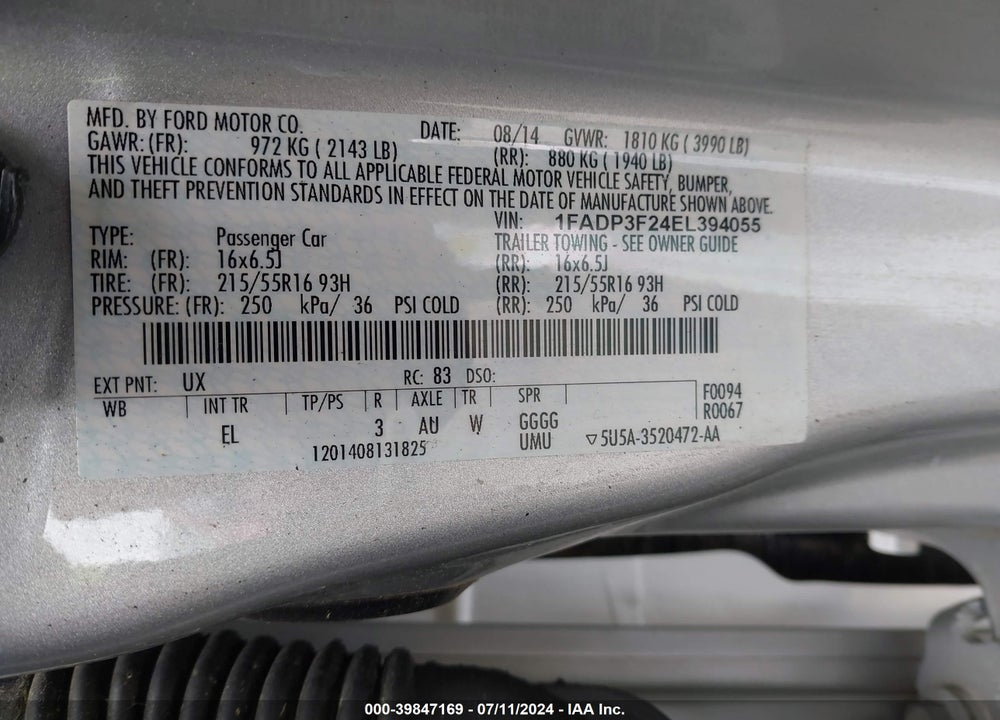 2014 FORD FOCUS SE VIN: 1FADP3F24EL394055