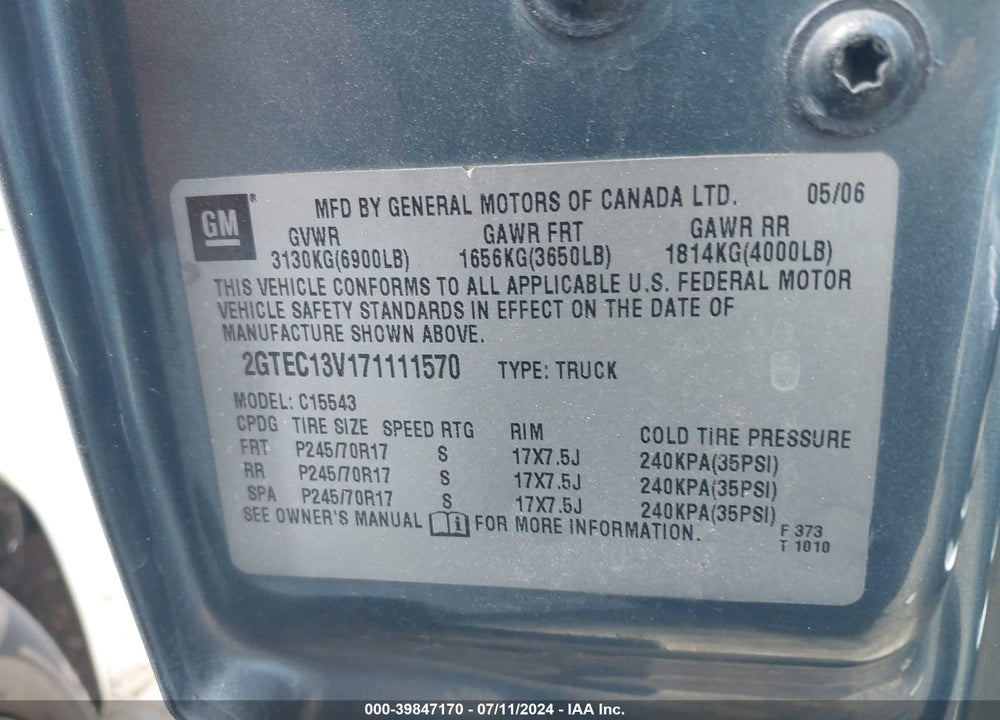 2007 GMC SIERRA 1500 CLASSIC SL VIN: 2GTEC13V171111570