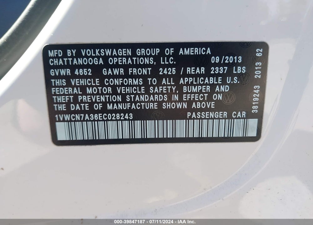 2014 VOLKSWAGEN PASSAT 2.0L TDI SEL PREMIUM VIN: 1VWCN7A36EC028243