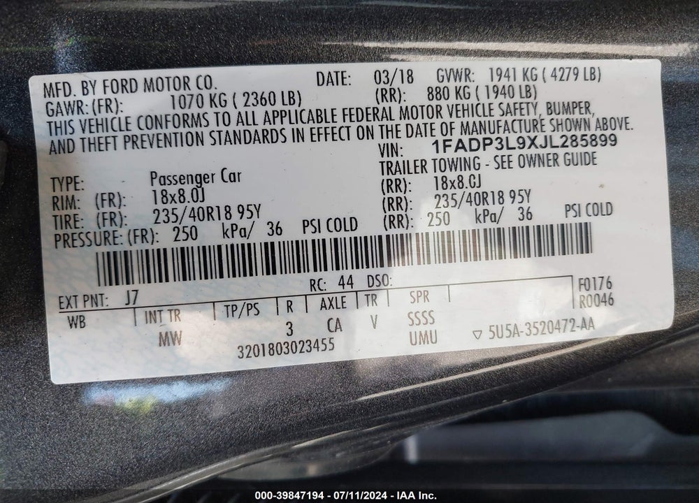 2018 FORD FOCUS ST VIN: 1FADP3L9XJL285899