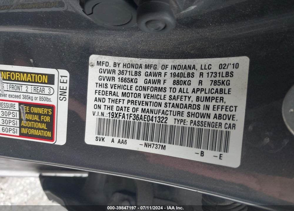 2010 HONDA CIVIC VP VIN: 19XFA1F36AE041322