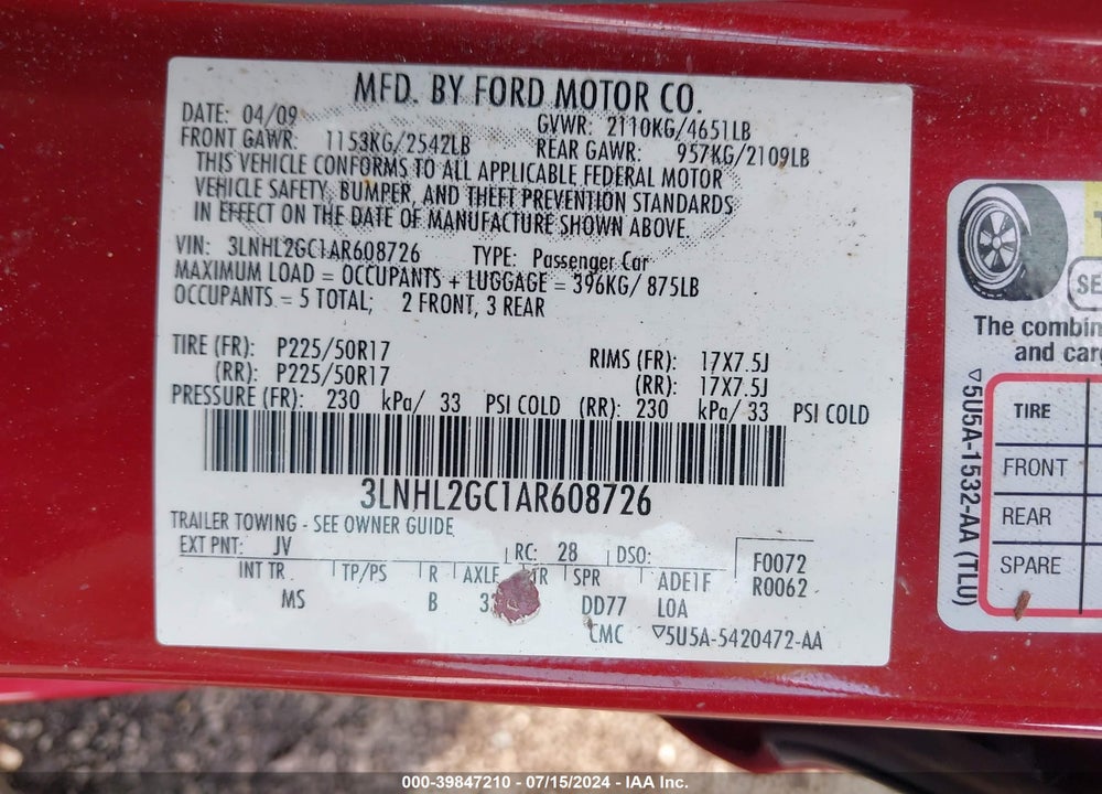 2010 LINCOLN MKZ VIN: 3LNHL2GC1AR608726