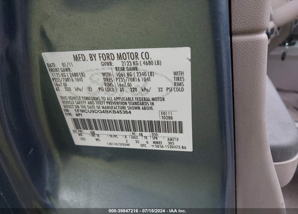 2011 FORD ESCAPE XLT VIN: 1FMCU9DG4BKB45364