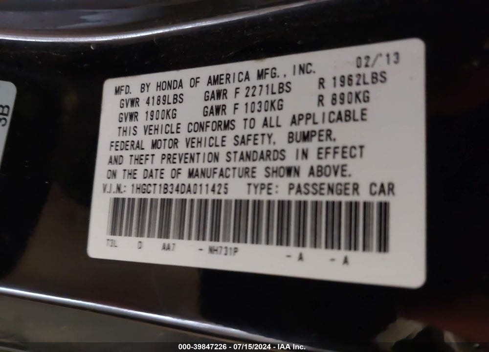 2013 HONDA ACCORD LX-S VIN: 1HGCT1B34DA011425