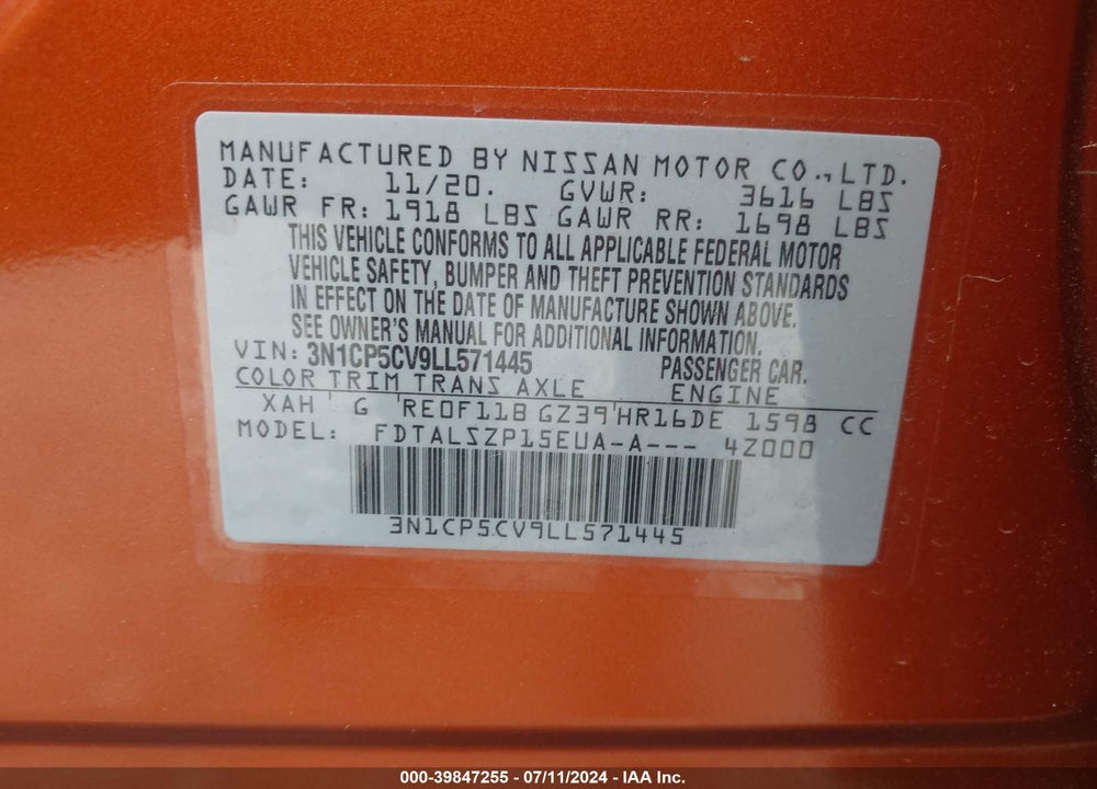 2020 NISSAN KICKS SV XTRONIC CVT VIN: 3N1CP5CV9LL571445