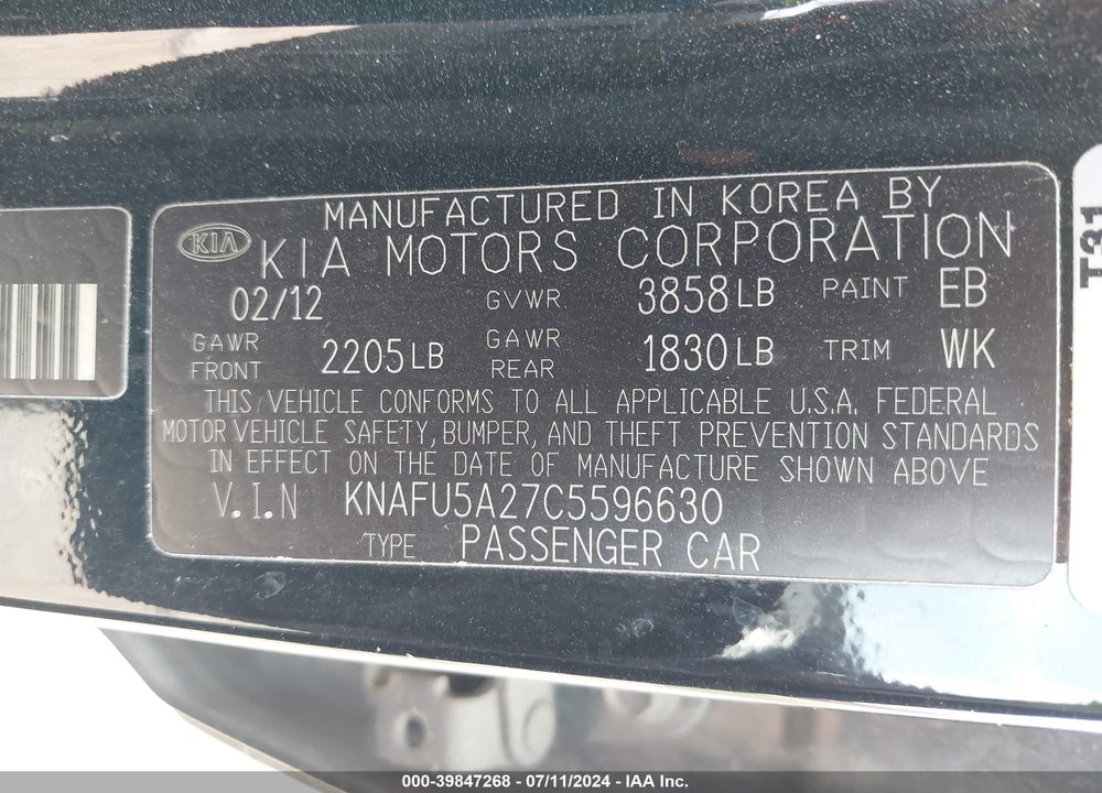 2012 KIA FORTE EX VIN: KNAFU5A27C5596630