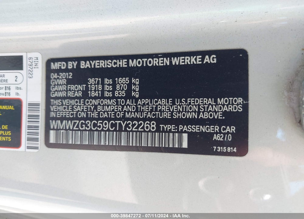 2012 MINI COOPER S CLUBMAN VIN: WMWZG3C59CTY32268