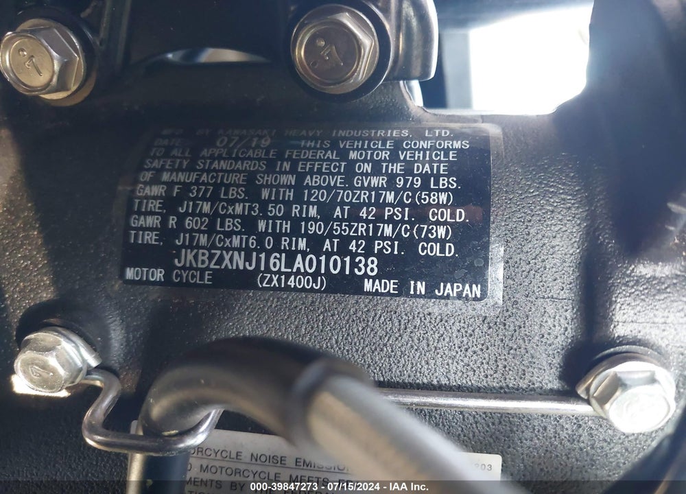 2020 KAWASAKI ZX1400 J VIN: JKBZXNJ16LA010138