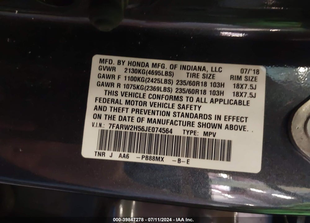 2018 HONDA CR-V EX VIN: 7FARW2H56JE074564