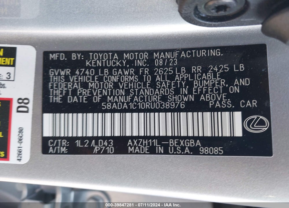 2024 LEXUS ES 300H VIN: 58ADA1C10RU038976