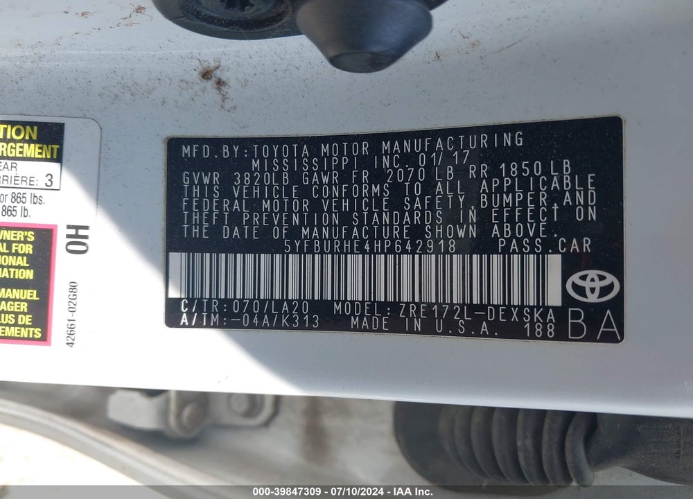 2017 TOYOTA COROLLA XSE VIN: 5YFBURHE4HP642918