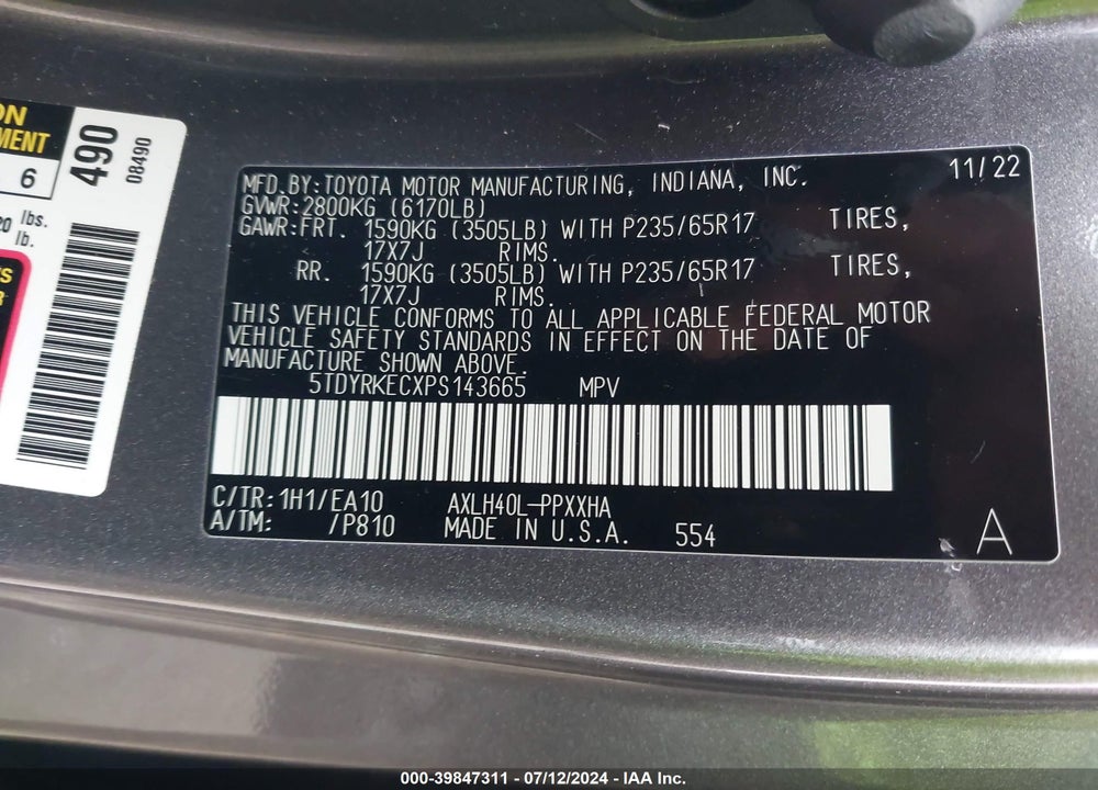 2023 TOYOTA SIENNA XLE VIN: 5TDYRKECXPS143665