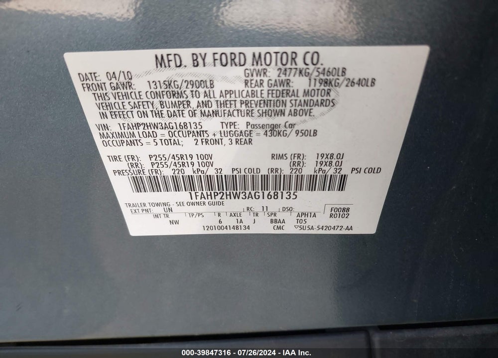 2010 FORD TAURUS SEL VIN: 1FAHP2HW3AG168135