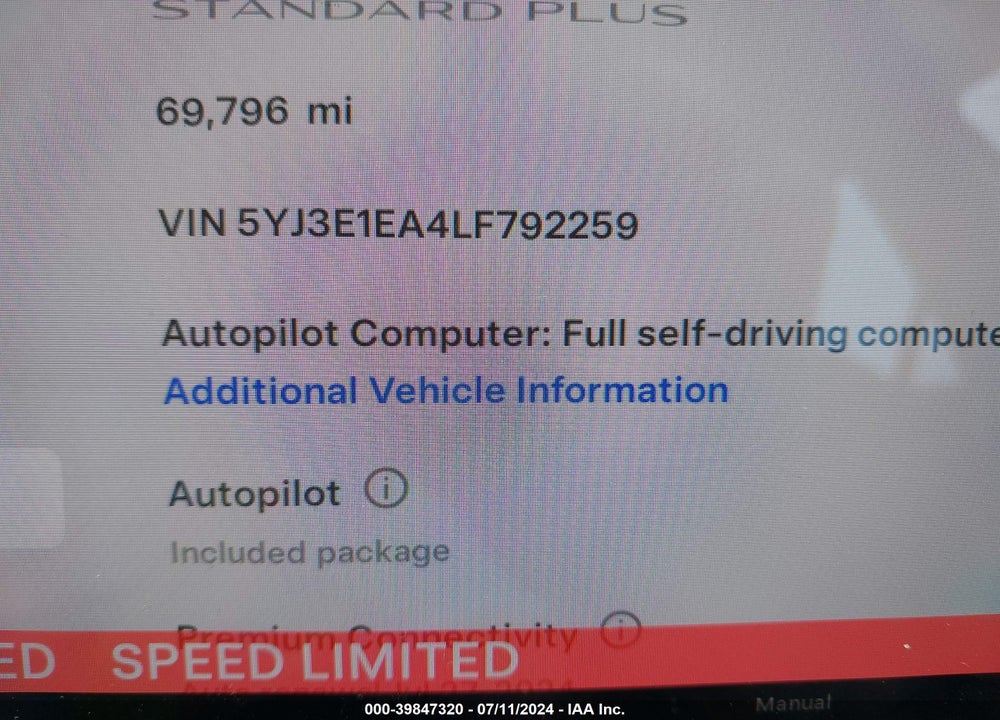 2020 TESLA MODEL 3 STANDARD RANGE PLUS REAR-WHEEL DRIVE/STANDARD RANGE REAR-WHEEL DRIVE VIN: 5YJ3E1EA4LF792259