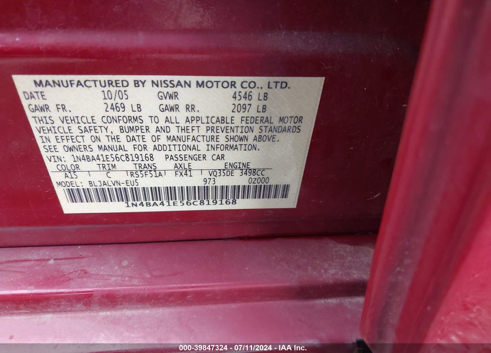 2006 NISSAN MAXIMA 3.5 SE VIN: 1N4BA41E56C819168