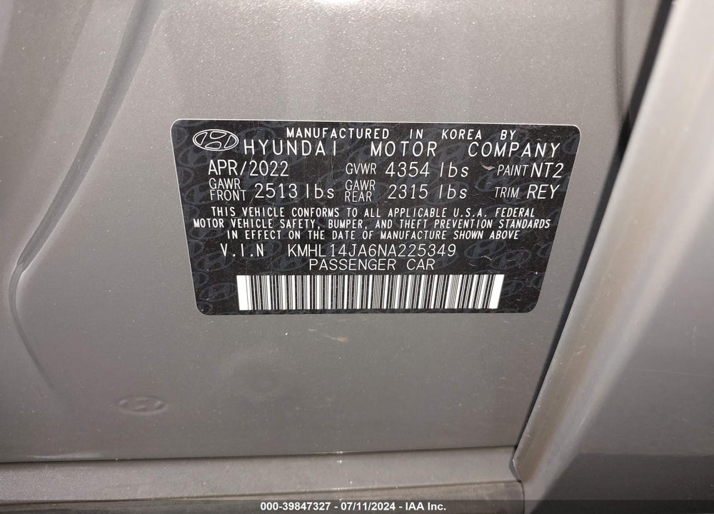 2022 HYUNDAI SONATA SEL VIN: KMHL14JA6NA225349