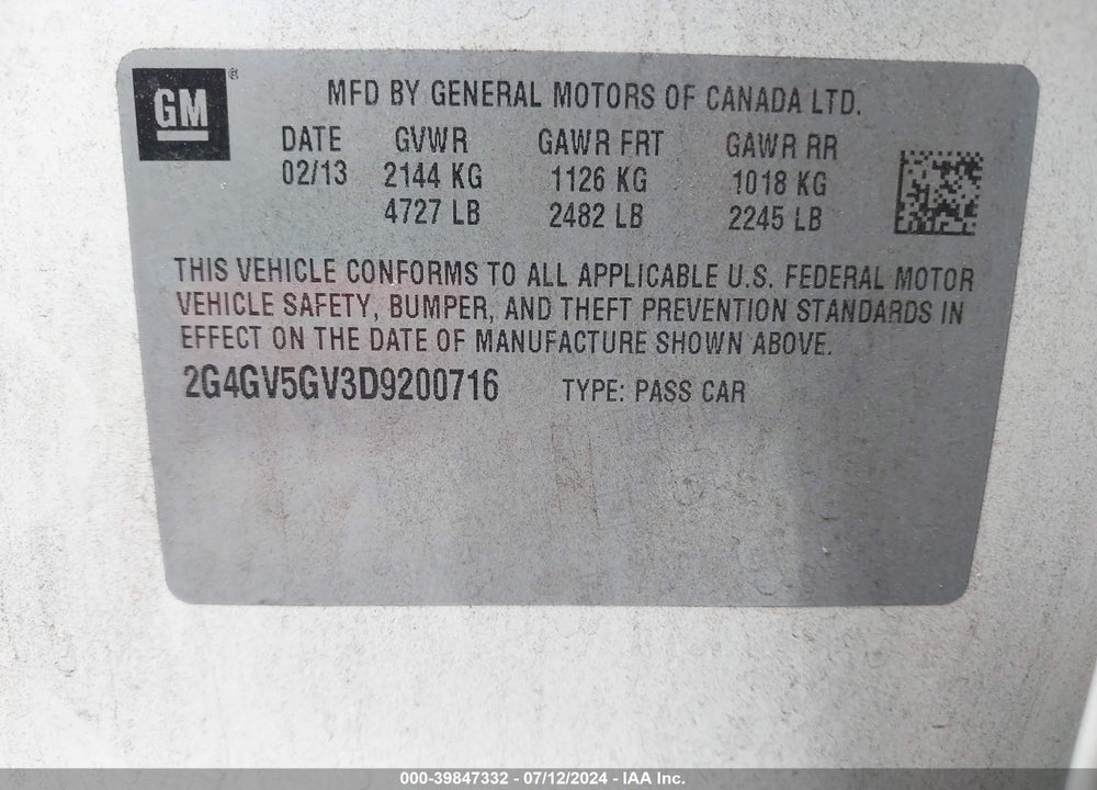 2013 BUICK REGAL GS VIN: 2G4GV5GV3D9200716
