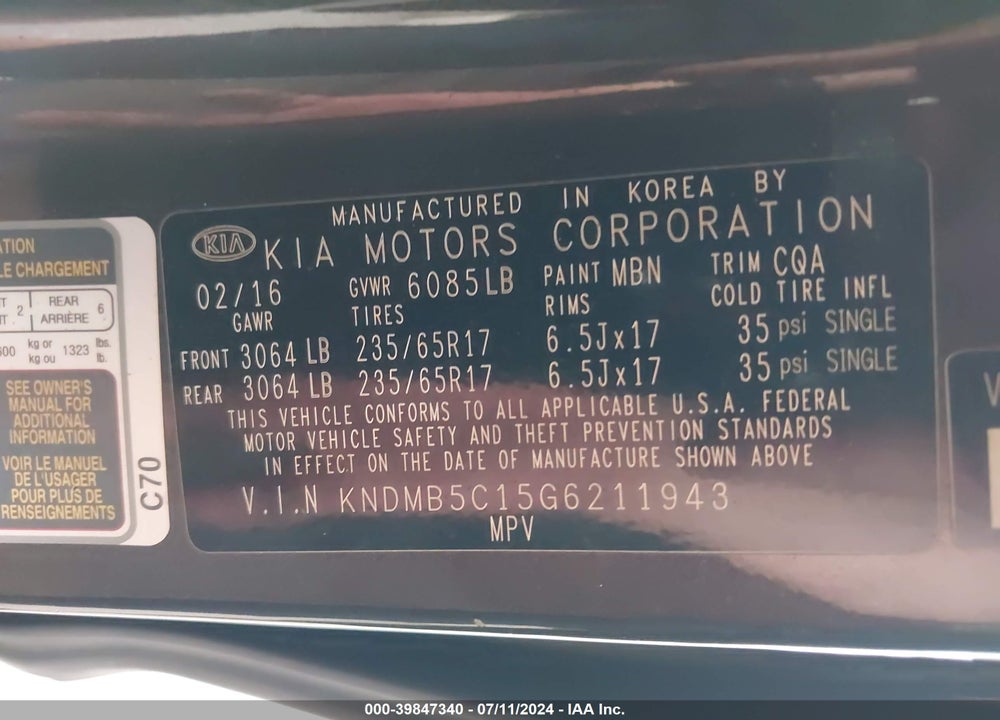 2016 KIA SEDONA LX VIN: KNDMB5C15G6211943