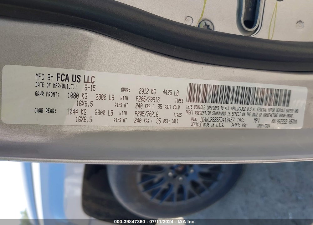 2015 JEEP PATRIOT SPORT VIN: 1C4NJPBB6FD410457