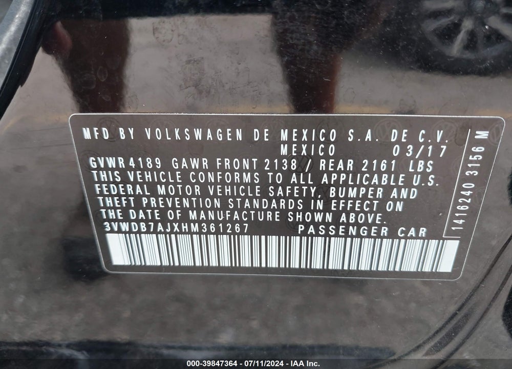2017 VOLKSWAGEN JETTA 1.4T SE VIN: 3VWDB7AJXHM361267