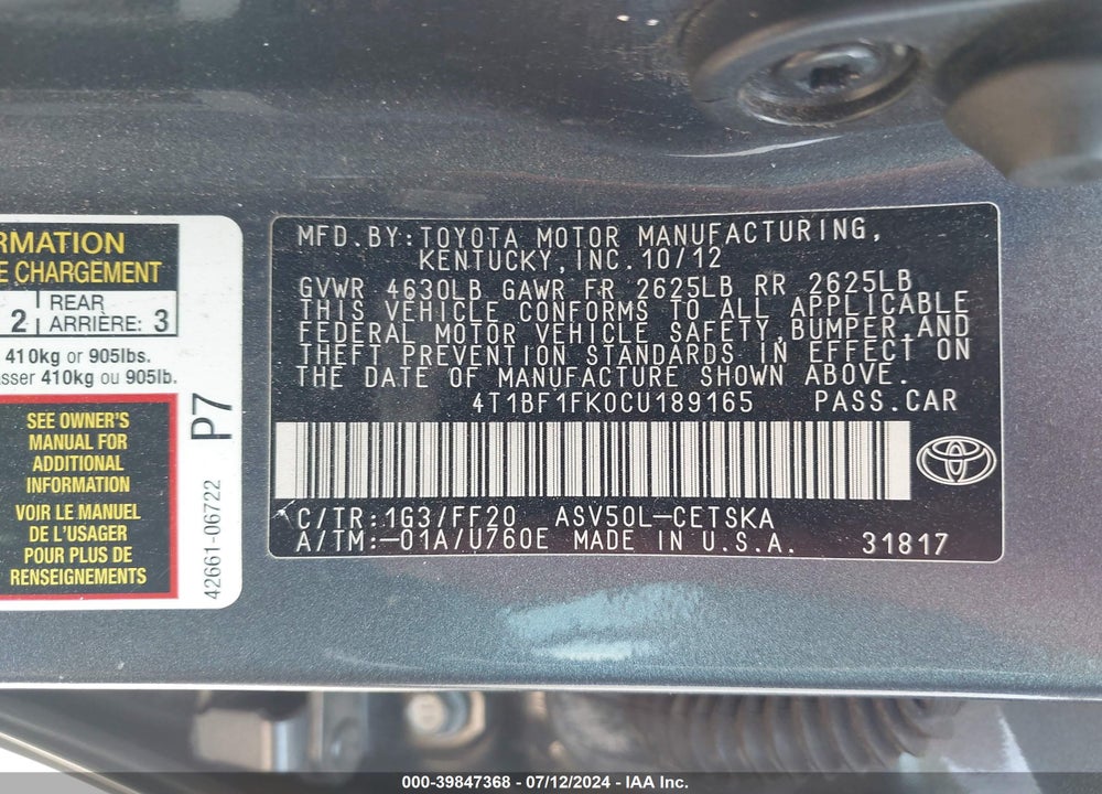 2012 TOYOTA CAMRY SE VIN: 4T1BF1FK0CU189165