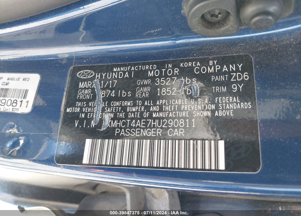 2017 HYUNDAI ACCENT SE VIN: KMHCT4AE7HU290811