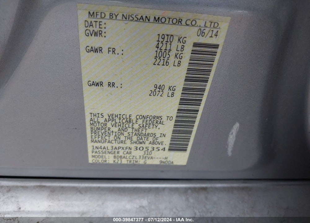 2015 NISSAN ALTIMA 2.5 S VIN: 1N4AL3APXFN305354