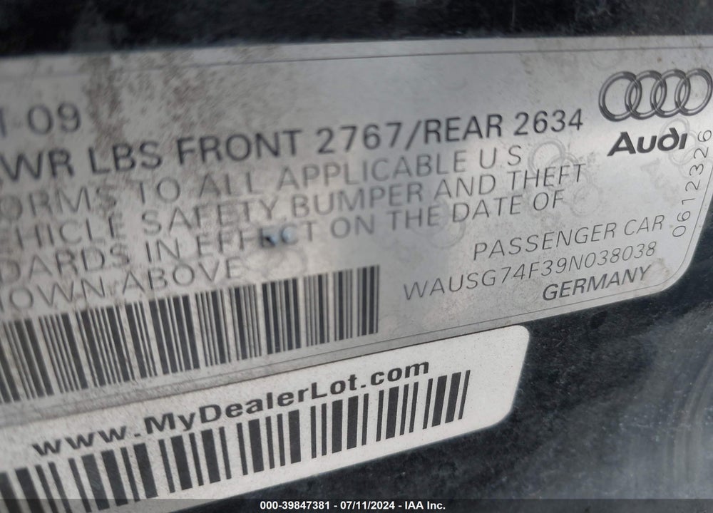 2009 AUDI A6 3.0 PREMIUM VIN: WAUSG74F39N038038