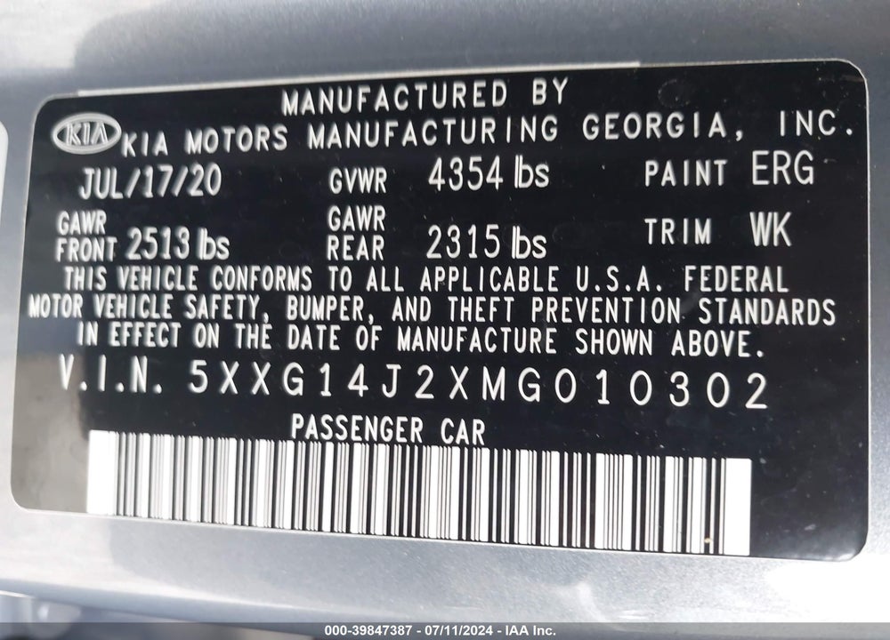 2021 KIA K5 LXS VIN: 5XXG14J2XMG010302
