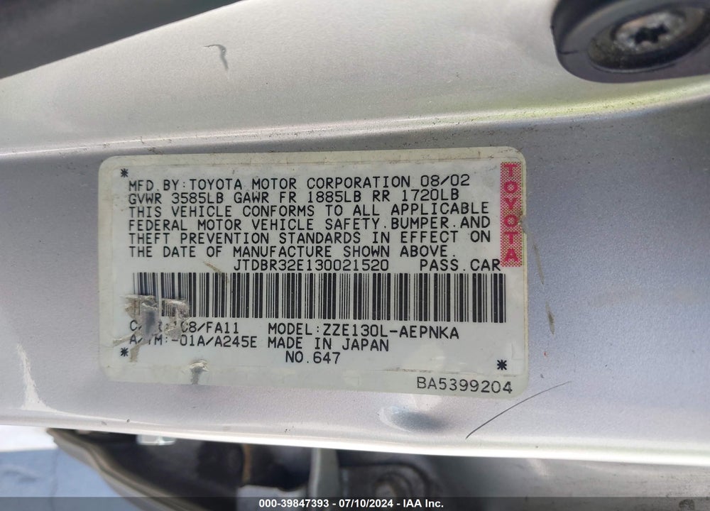 2003 TOYOTA COROLLA LE VIN: JTDBR32E130021520