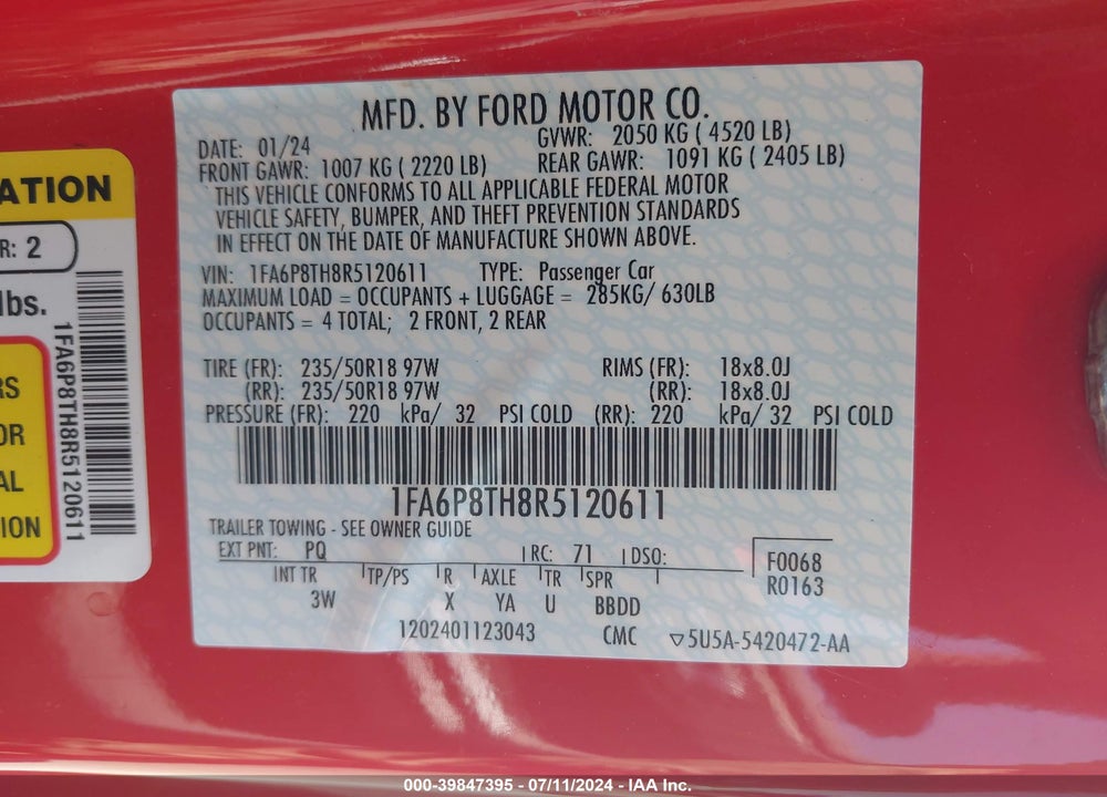 2024 FORD MUSTANG ECOBOOST PREMIUM FASTBACK VIN: 1FA6P8TH8R5120611