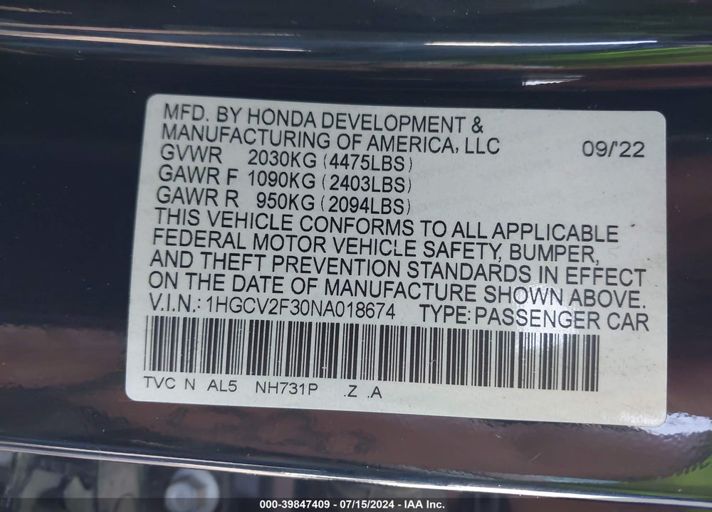 2022 HONDA ACCORD SPORT 2.0T VIN: 1HGCV2F30NA018674