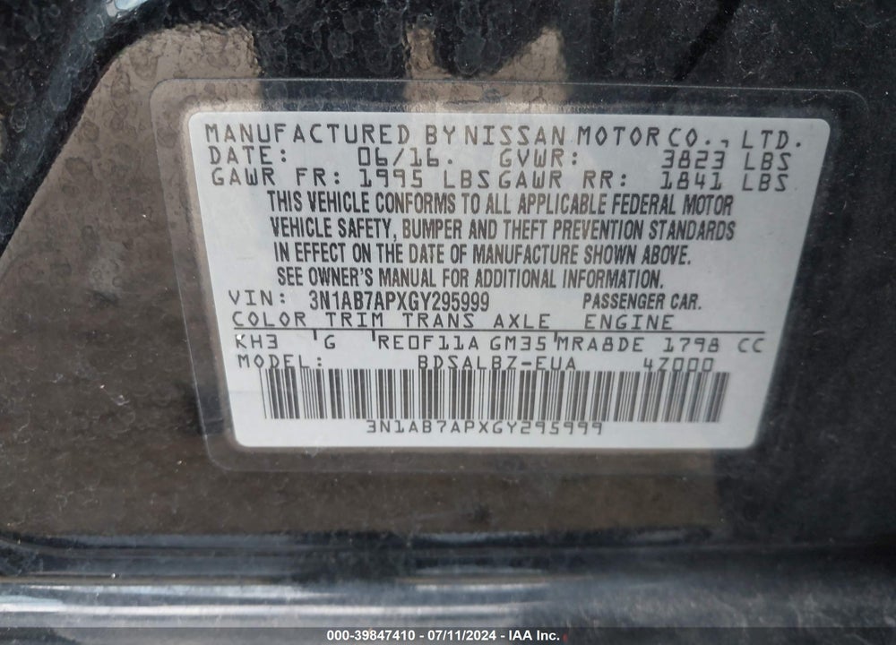 2016 NISSAN SENTRA S VIN: 3N1AB7APXGY295999