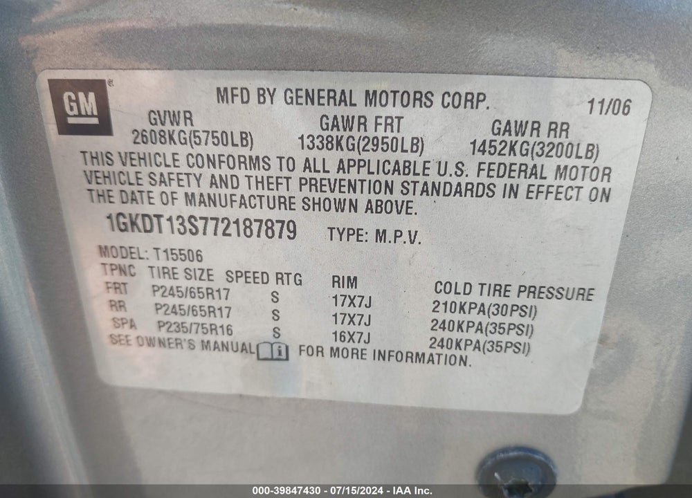 2007 GMC ENVOY SLE VIN: 1GKDT13S772187879